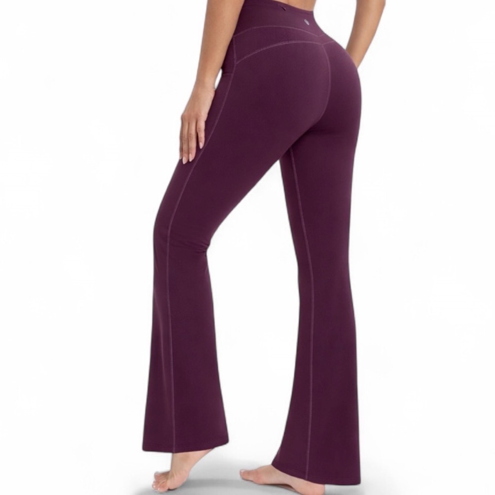 Plum Fleece Lined Flare Leggings High Waisted Yoga Pants Contour Seam - Picture 1 of 9